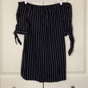 Black & white pinstripe, off the shoulder dress